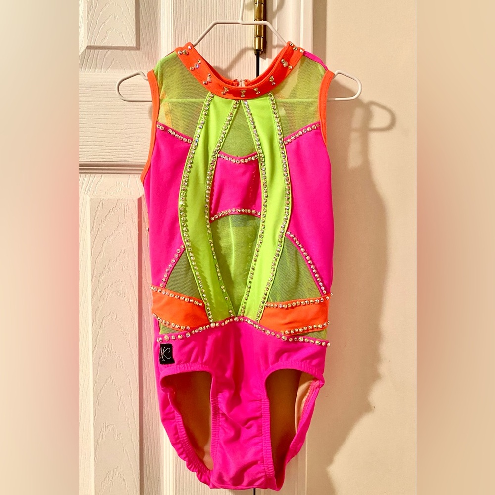 Kandi Kouture- Neon Pink & Lime Leotard with Orange Accents Size CL (7/8)